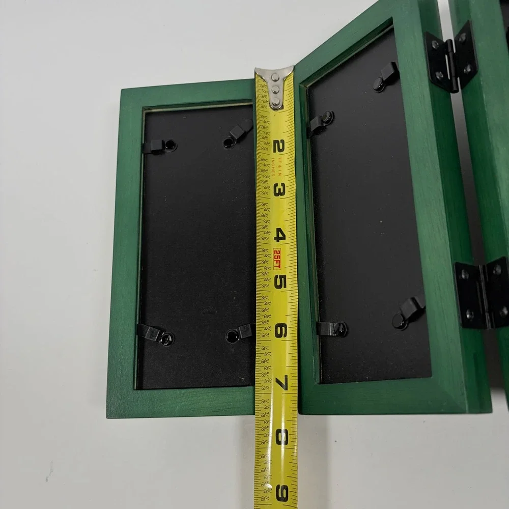 Green Wood Tri-Fold Picture Frame 6 Opening Hinged Cottagecore Tabletop Decor